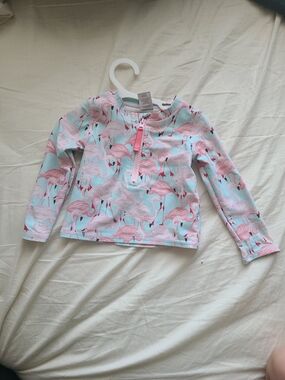 Ruffle Butts Pink Flamingo Long Sleeve Rashguard - Light Blue